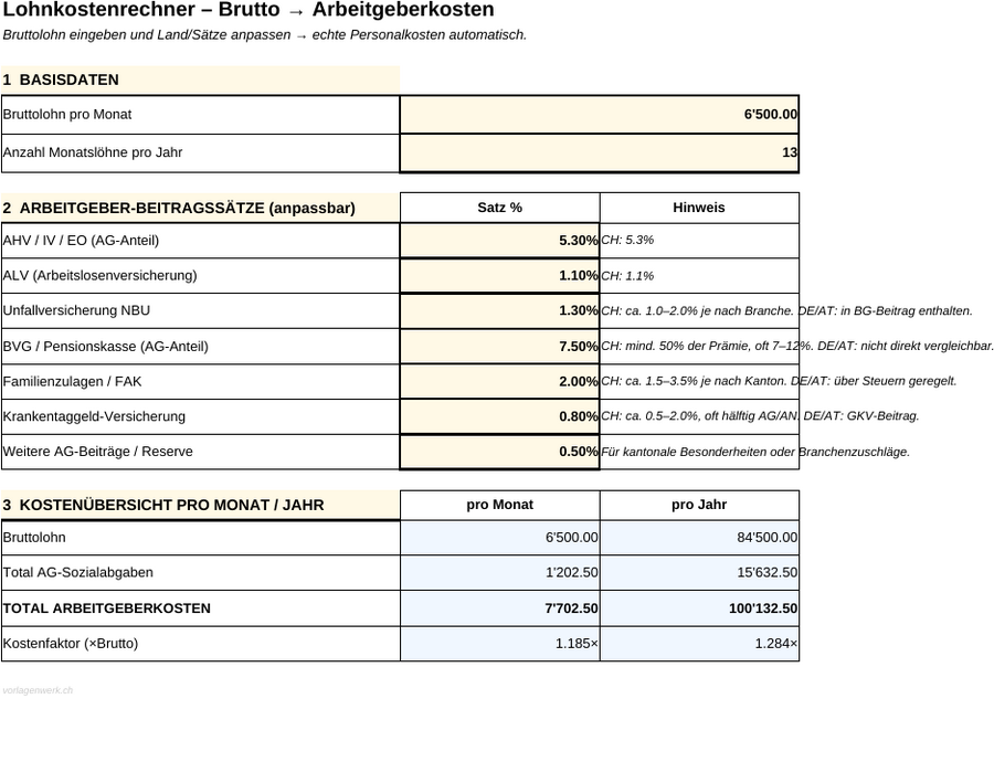 Vorschau Lohnkostenrechner